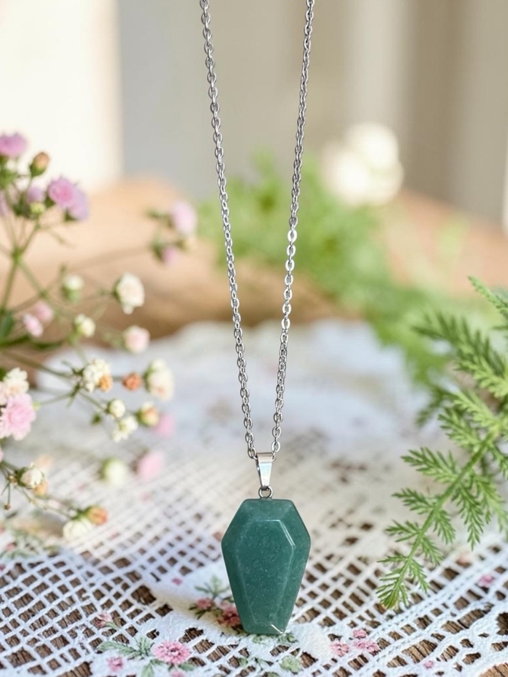 GREEN AVENTURINE natural stone coffin pendant necklace with silver chain NEW